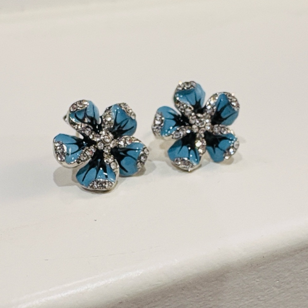 NEW 925 Silver Plated Blue Flower Stud Statement Earrings, Crystal Cubic Zircon - Picture 6 of 8